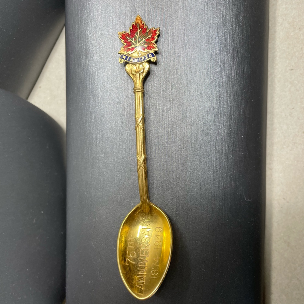 Birks Winnipeg Gold Wash & Enamel Maple Leaf Souvenir Spoon 1949 75th Ann.
